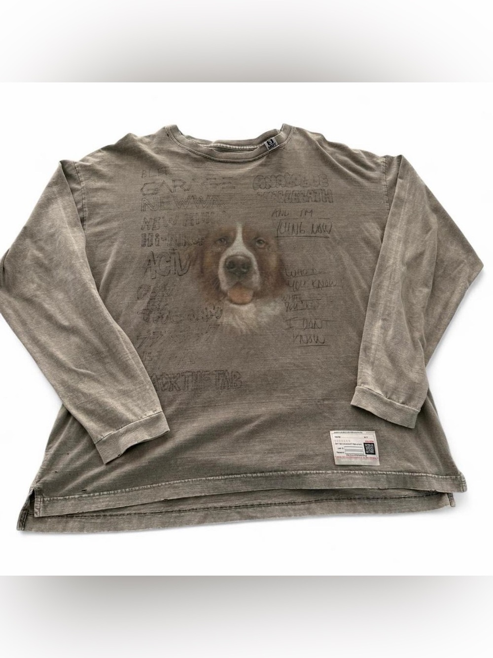 Miharayasuhiro Gray-Brown Long Sleeve Tee with Dog Face Graphic